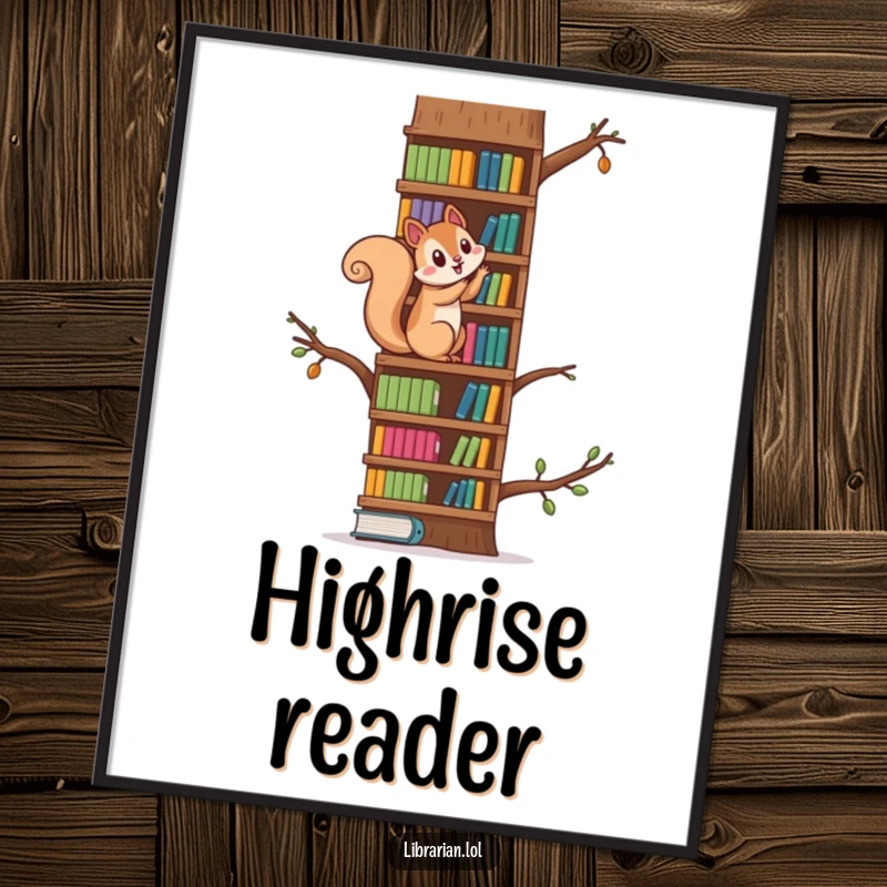 Funny squirrel climbing a towering bookshelf like a tree, high-resolution digital art print for playful decor.