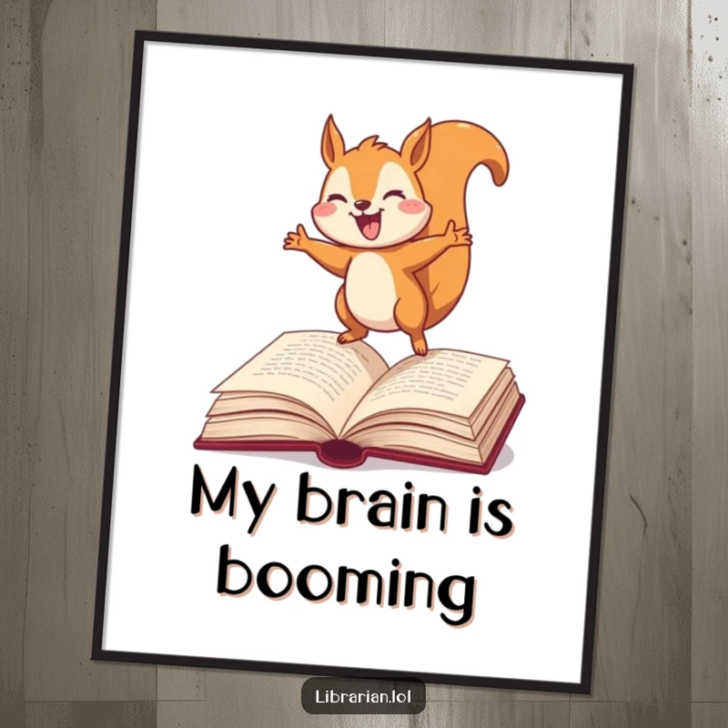 Funny Squirrel Digital Art Print, joyfully bouncing on an open dictionary, a humorous and vibrant piece for literary-themed decor.