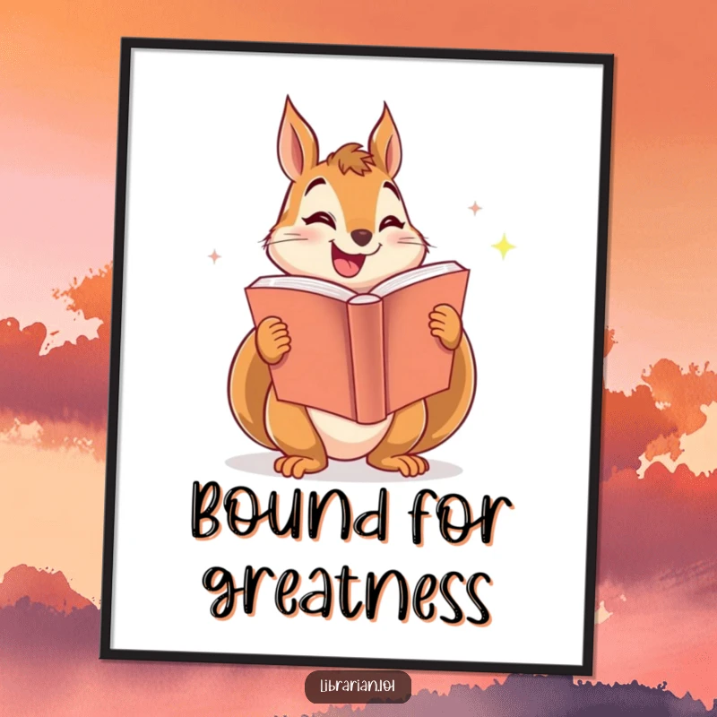 Funny digital art print of a smiling squirrel enthusiastically sharing a large, sparkling book, perfect for wall decor.