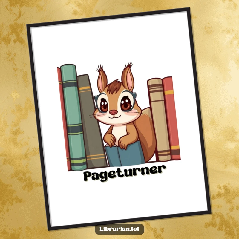 Funny squirrel librarian digital art print, curious squirrel peeking from books, instant download wall decor.