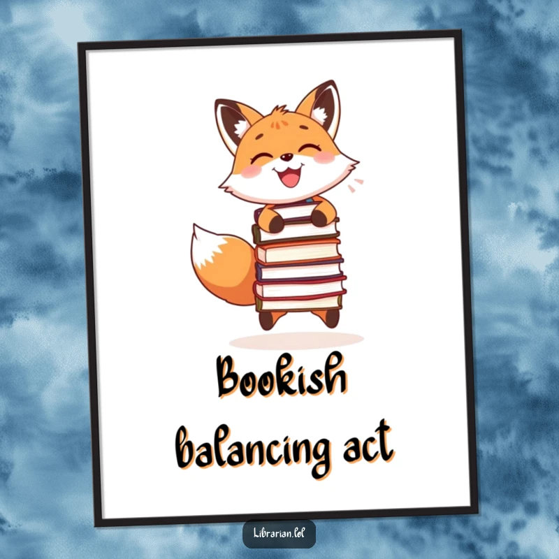 Funny digital art print of a smiling fox joyfully juggling three stacked books, bringing whimsical literary humor to walls.