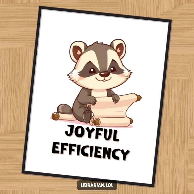Funny determined cartoon badger efficiently organizing scrolls with focused joy, as digital art.