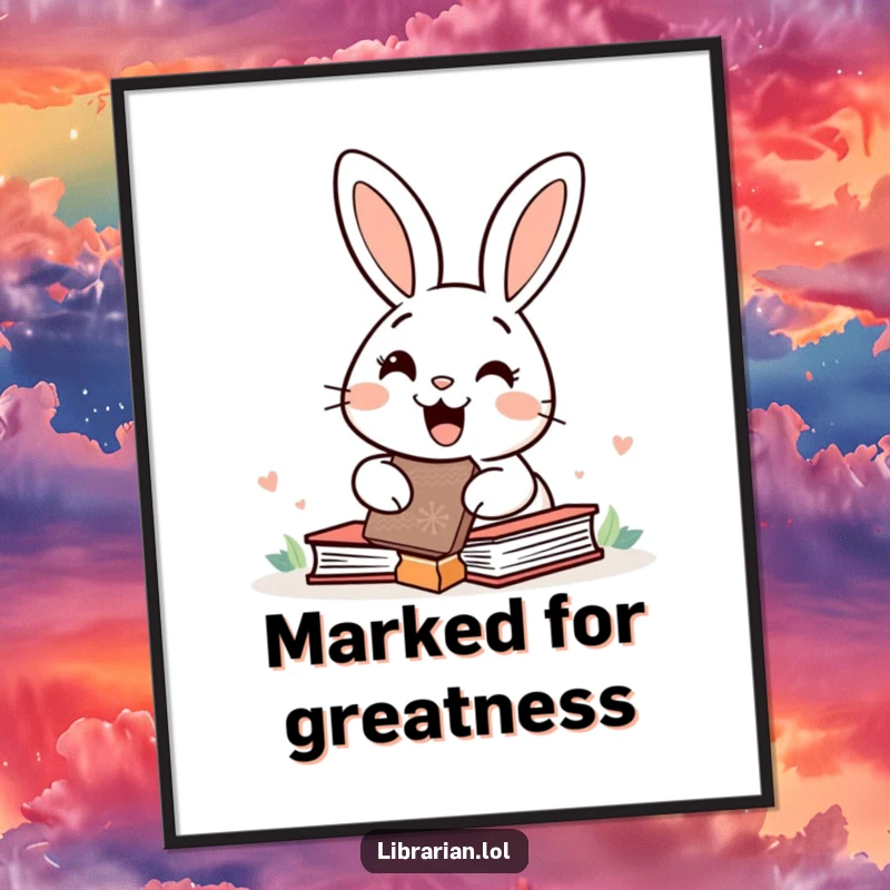 Funny happy rabbit stamping books with a giant rubber stamp, available as a digital art print for cheerful home decor.