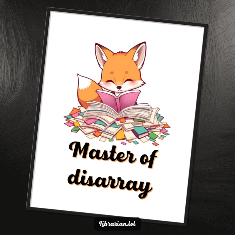 Funny digital art print of a curious fox sorting through colorful, scattered book pages. Instant download for humorous literary decor.