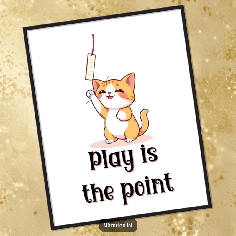 Funny Cat Bookmark Digital Art Print: A playful cat bats with joy at a bookmark, ready for framing.