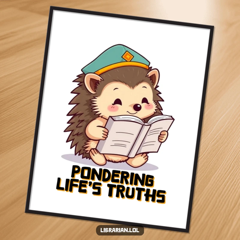 Funny hedgehog wearing a scholar's cap, reading a large book, as a digital art print, bringing studious humor to any room.