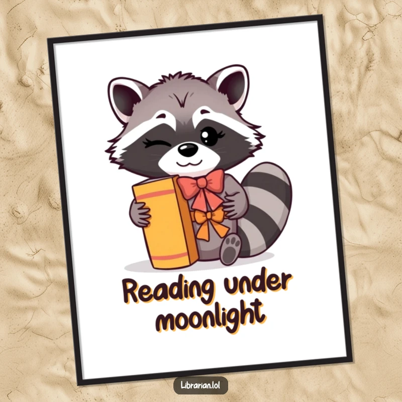 Funny Digital Print: A winking raccoon with a cheerful bow shelves books with a flourish, perfect for literary wall decor.