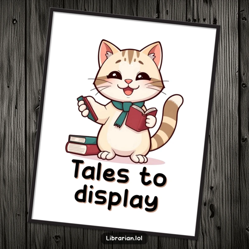 Funny digital art print: A cat librarian enthusiastically juggling books, a fun and funny gift.