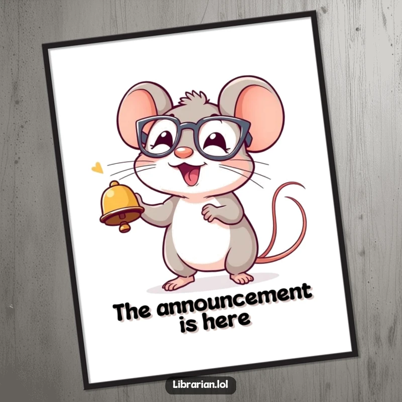 Funny digital art print of a cheerful mouse in spectacles ringing a tiny bell with excitement, perfect for walls.