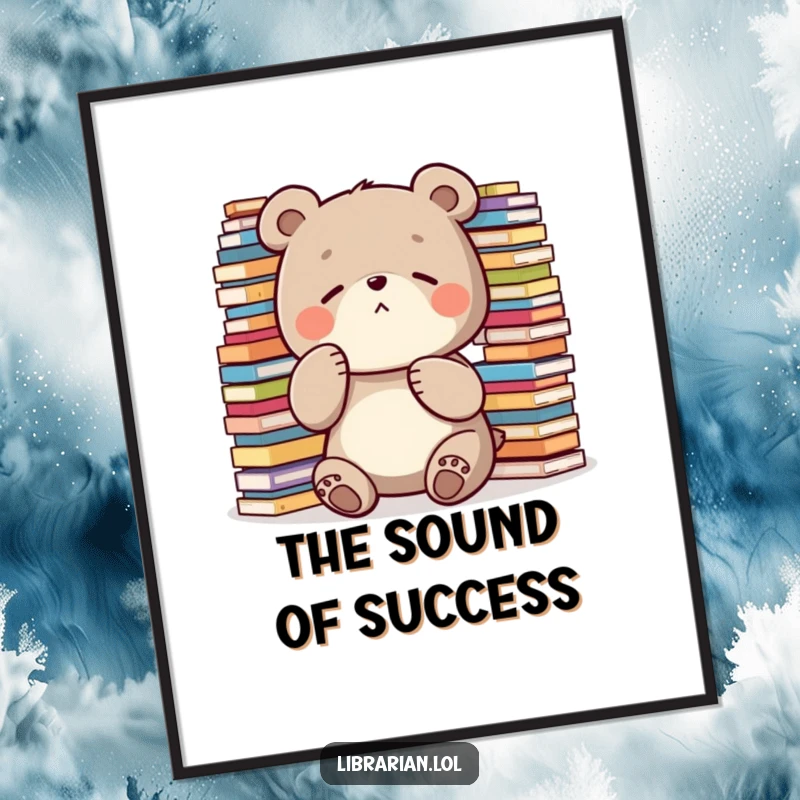 Funny Digital Print: A diligent bear shushes with its paw amidst overflowing stacks, perfect for humorous and quiet wall decor.