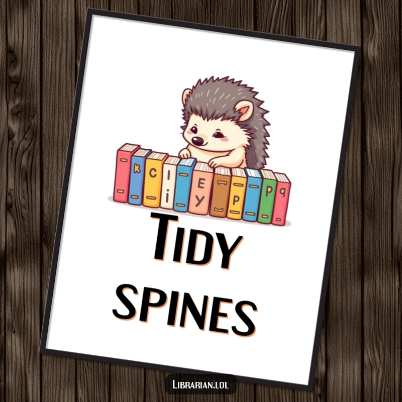 Funny digital art print of a determined hedgehog alphabetizing tiny books, instant humorous decor for organized spaces.