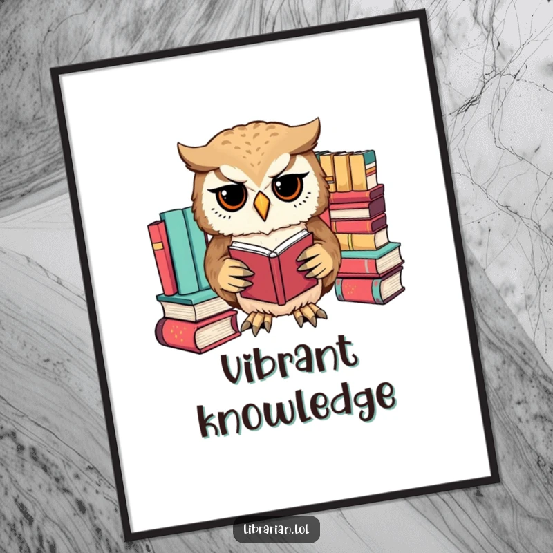 Funny owl with precise paws sorting books by color, high-resolution digital art print for organized book lovers.