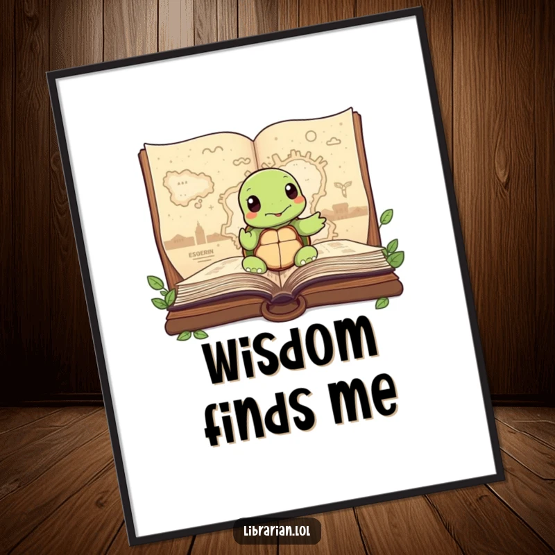 Funny Turtle Digital Art Print, wisely pointing to a map within a large storybook, symbolizing adventure and guidance for wall decor.