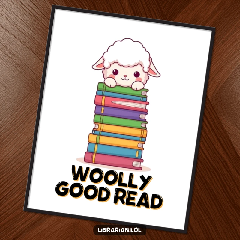 Funny Digital Art Print: A fluffy sheep curiously peeks over a towering stack of colorful books.