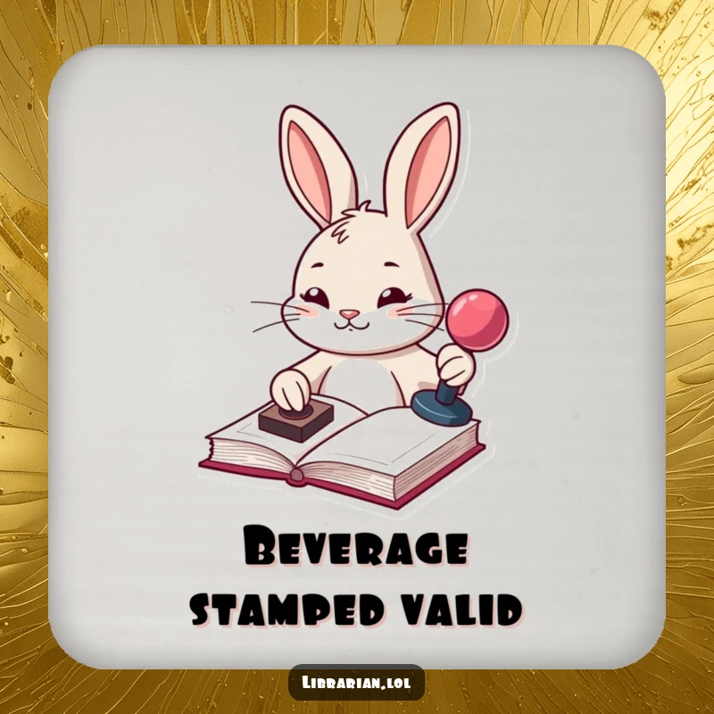 Funny determined bunny stamping a book with a stamp pad, featured on a drink coaster for organized households.