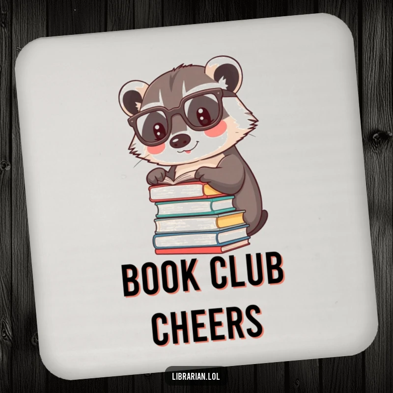 Funny happy badger wearing reading glasses, patting books, on drink coasters.