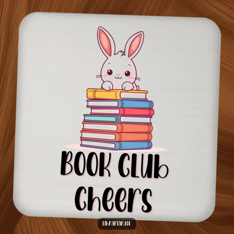 Funny drink coaster featuring a playful rabbit peeking over a pile of books, adding a whimsical literary touch.