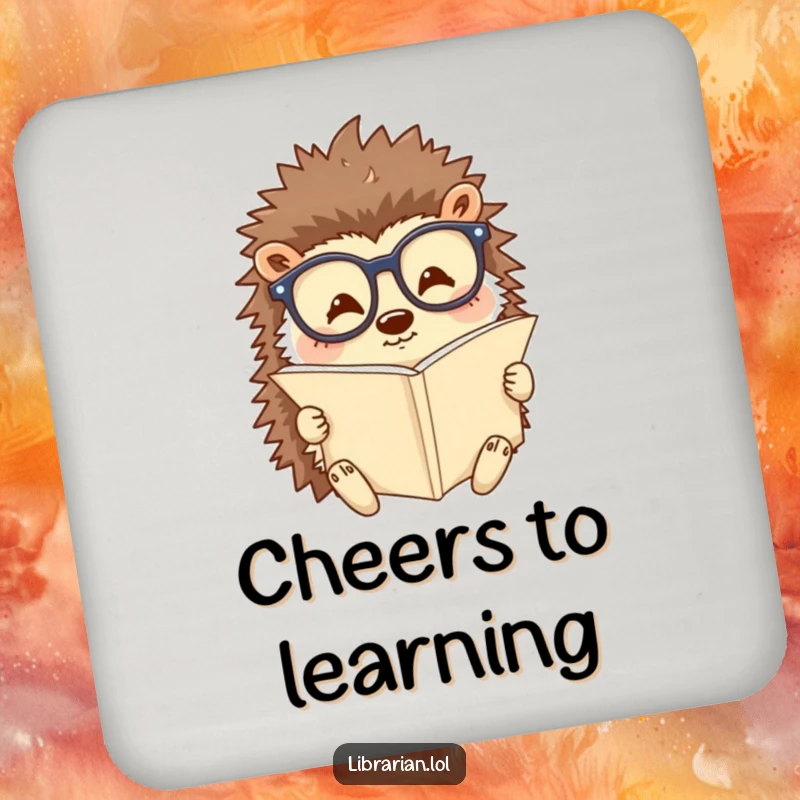 Funny drink coasters with a happy hedgehog wearing reading glasses and reading a tiny scroll. Protects surfaces with a scholarly theme.