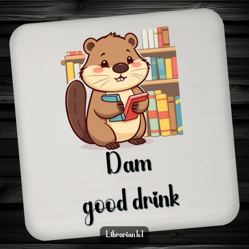 Determined beaver tidying books on a shelf, featured on a coaster to bring organized charm to tables.