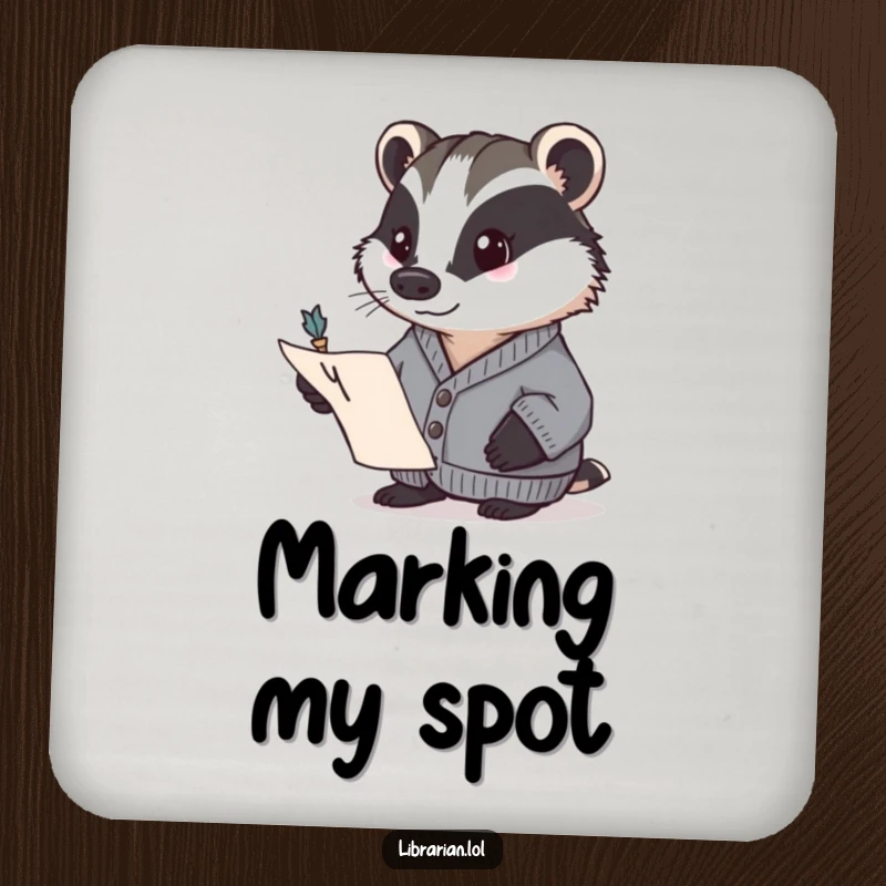 Funny badger in a cardigan, determinedly pointing to a page with a quill. Humorous and protective drink coaster, funny gift.