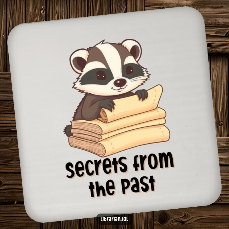Funny badger drink coaster, whispering secrets into ancient scrolls, protecting surfaces with humorous and ancient appeal.