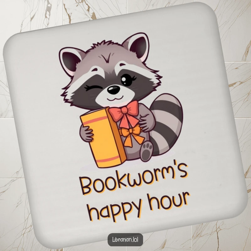 Funny Coasters: A winking raccoon shelves books with a flourish and bow, adding literary humor and protecting surfaces.