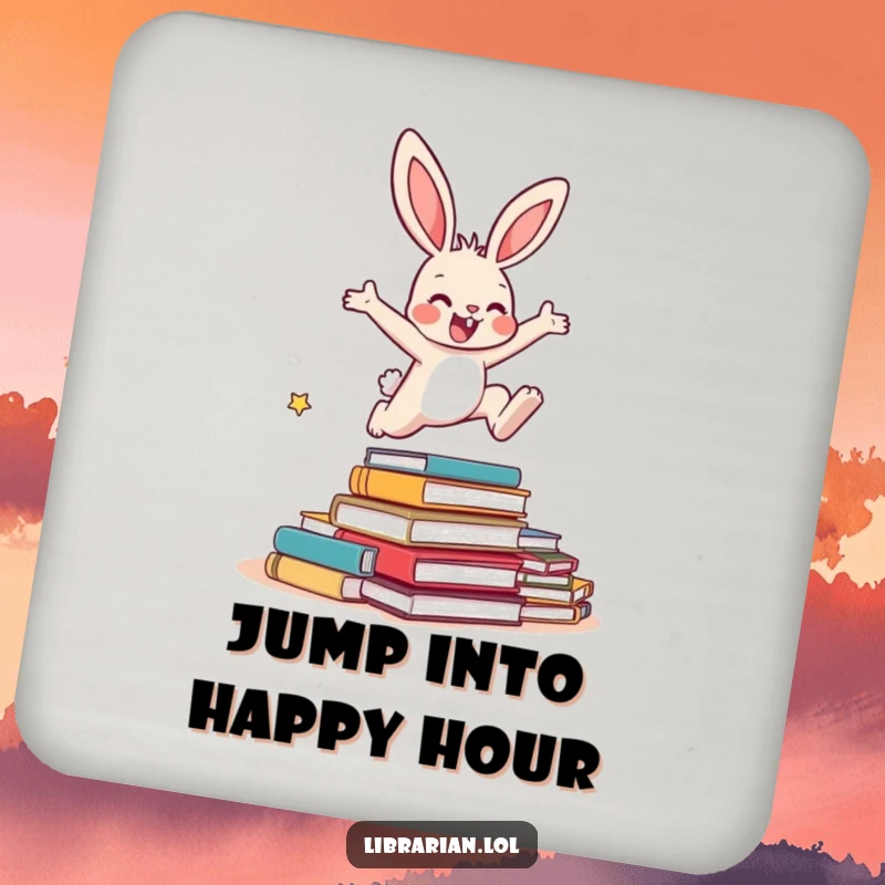 Funny Bunny Coaster: A coaster showing an energetic bunny leaping over overdue books, adding literary humor to any surface.