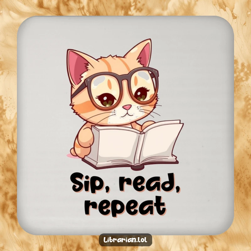 Funny drink coaster featuring a cute cat with reading glasses, intently reading a book, adding a touch of charm.