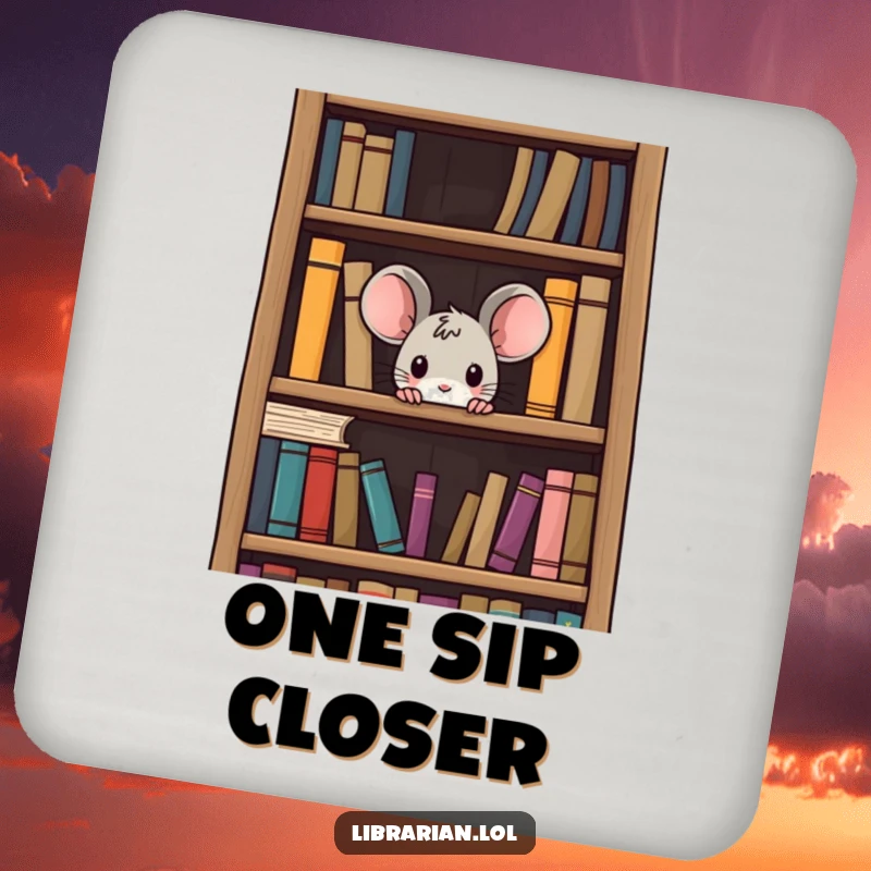 Funny curious mouse coaster, a tiny mouse peeking from a large bookshelf, protecting surfaces with literary-themed humor.