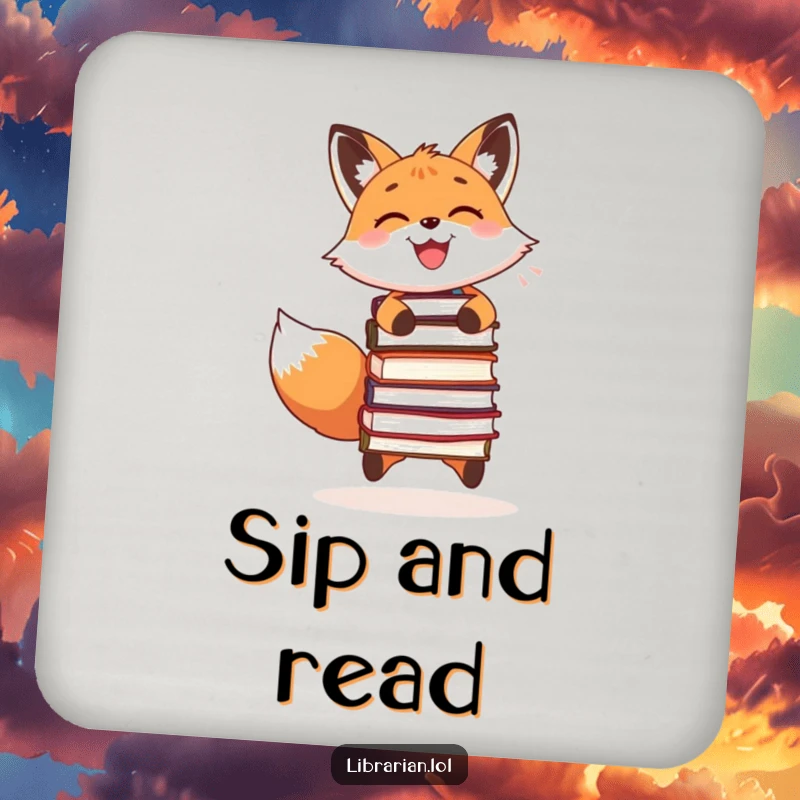 Funny drink coaster featuring a smiling fox juggling books, adding a whimsical literary touch.