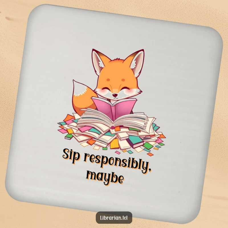 Funny drink coasters with a curious fox sorting through scattered book pages. Protects surfaces with a literary and humorous theme.