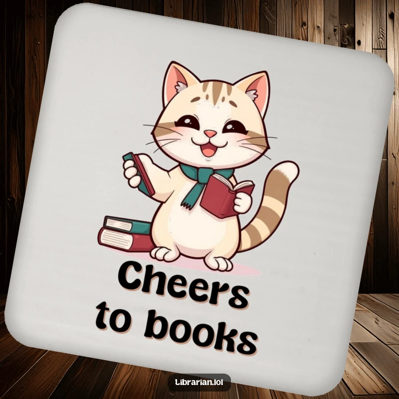 Funny drink coasters: A cat librarian juggling books, perfect for a funny gift to protect furniture.