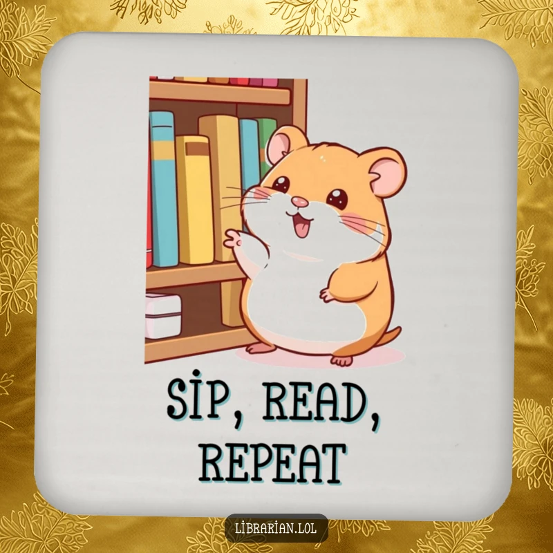 Funny Coaster: Happy hamster points at books, a funny literary touch for your tabletop.