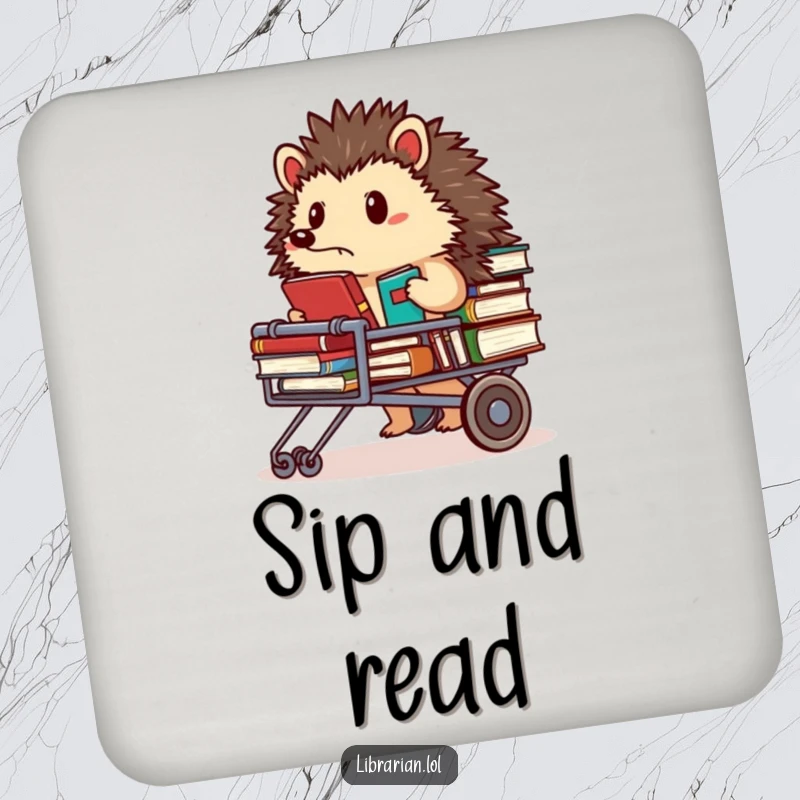 Funny Coasters: Determined hedgehog librarian pushing a book cart, looking focused, adds a studious touch.