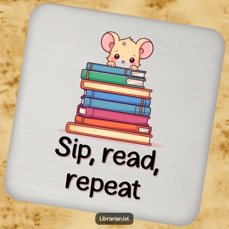 Funny cartoon mouse peeking over a stack of books on a protective drink coaster.