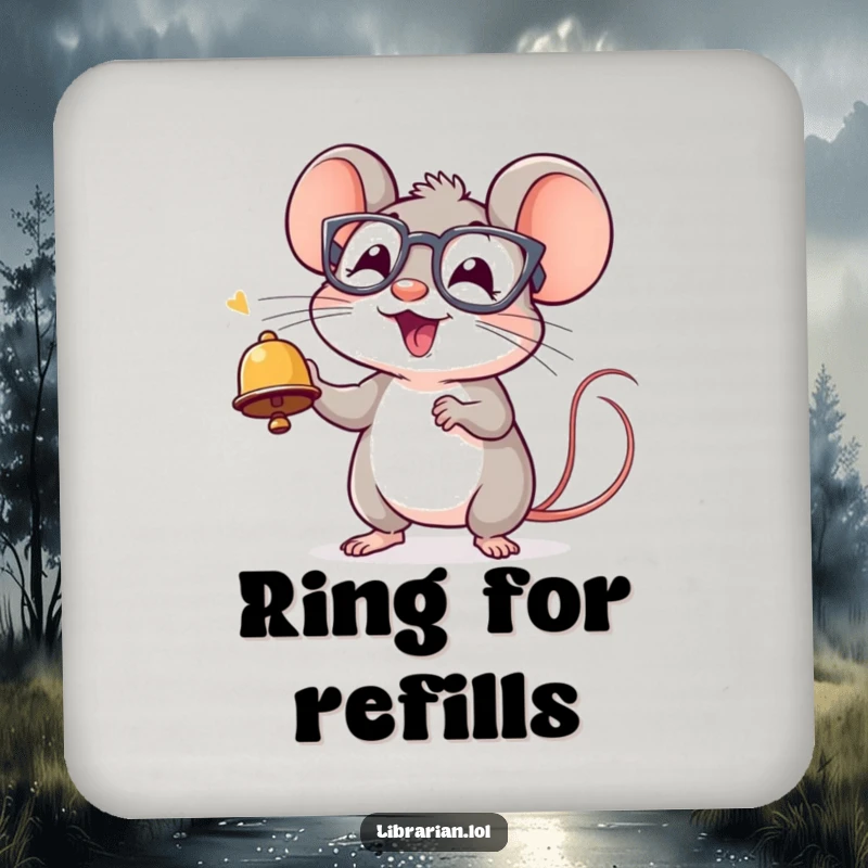 Funny drink coaster featuring a cheerful mouse wearing spectacles, ringing a tiny bell with excitement, protecting surfaces.