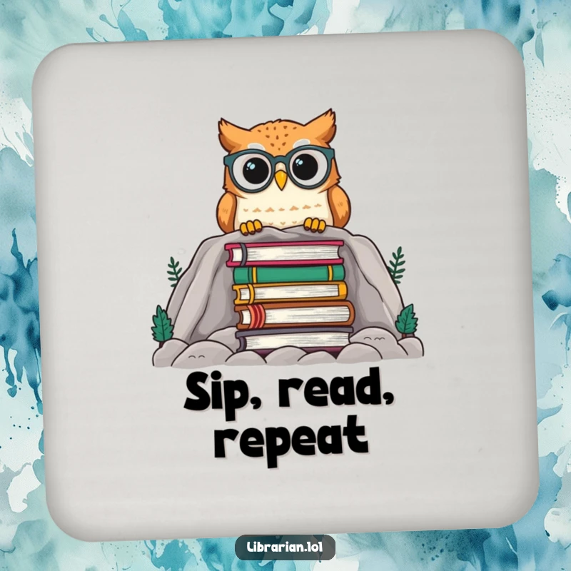 Funny owl wearing glasses peeking over books, featured on a drink coaster to add a humorous, intellectual touch to tables.