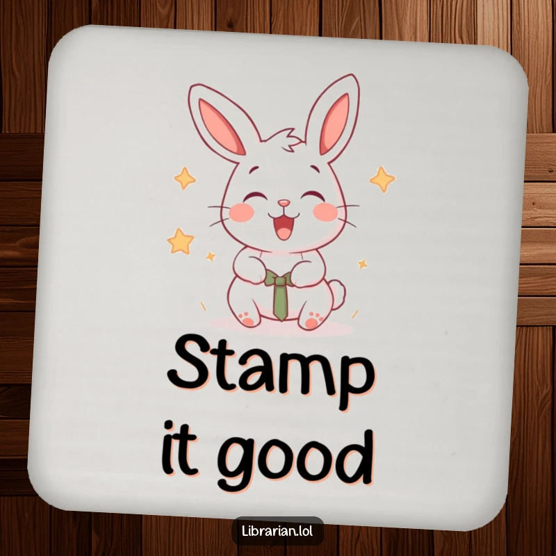 Funny energetic rabbit stamping books on a protective drink coaster.