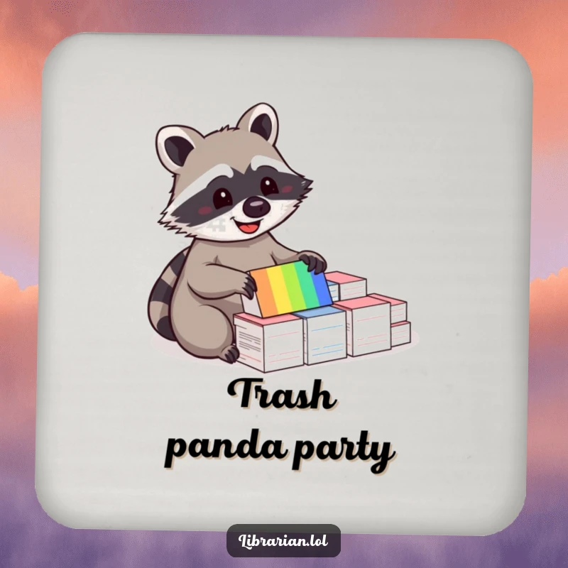Funny drink coaster featuring a happy raccoon sorting colorful index cards, adding organized charm to any surface.