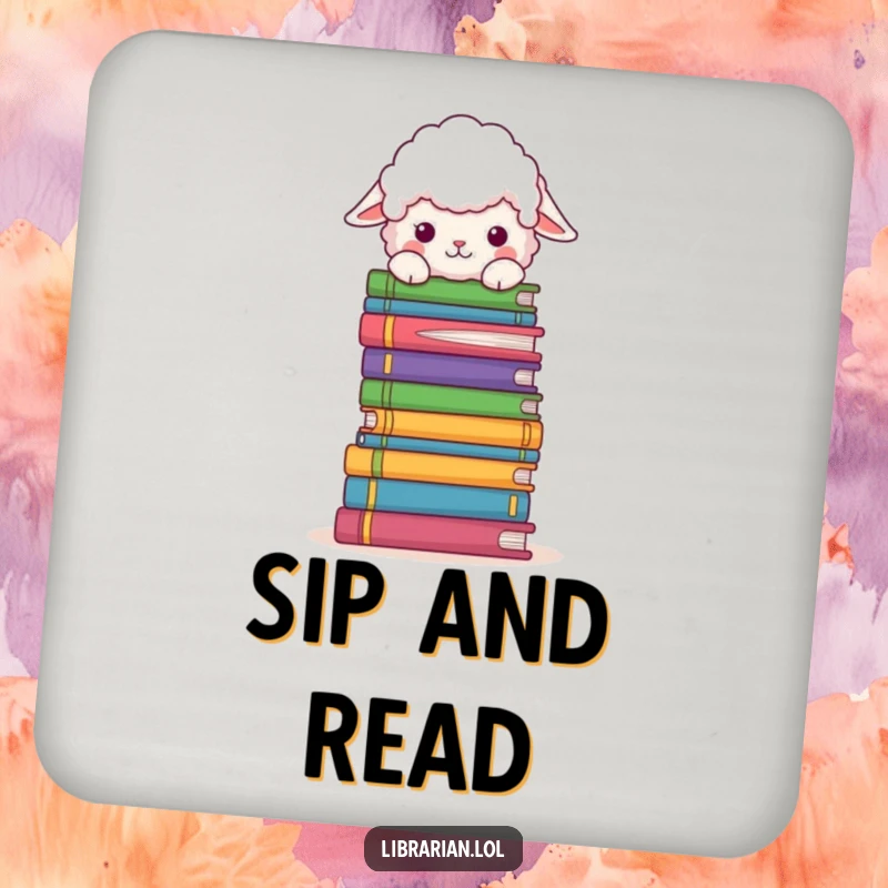 Funny Drink Coaster: A fluffy sheep peeks over books, adding a humorous and protective element.