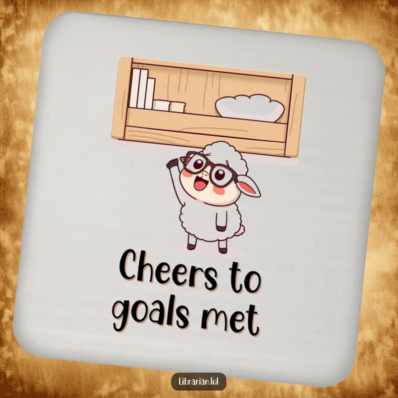 Funny Drink Coaster with a happy cartoon sheep wearing glasses, looking up at a high shelf and excitedly reaching, protecting surfaces with wit.