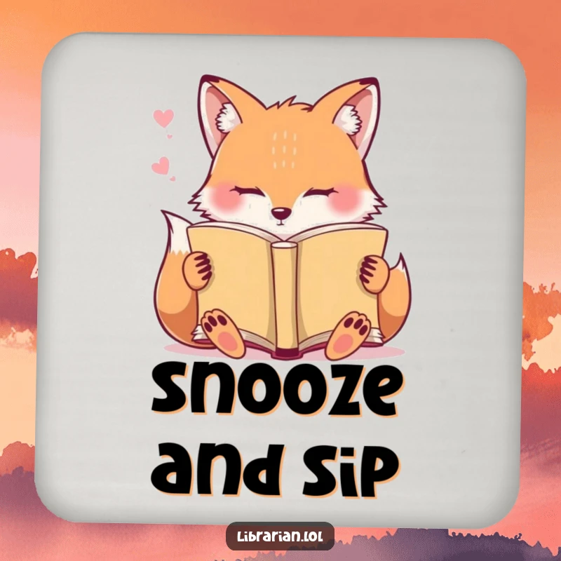 Funny Drink Coaster: A sleepy fox dozes off on an open book, protecting surfaces humorously.