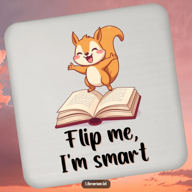 Funny Squirrel Coaster, joyfully bouncing on an open dictionary, adding literary humor and protection to drink surfaces.