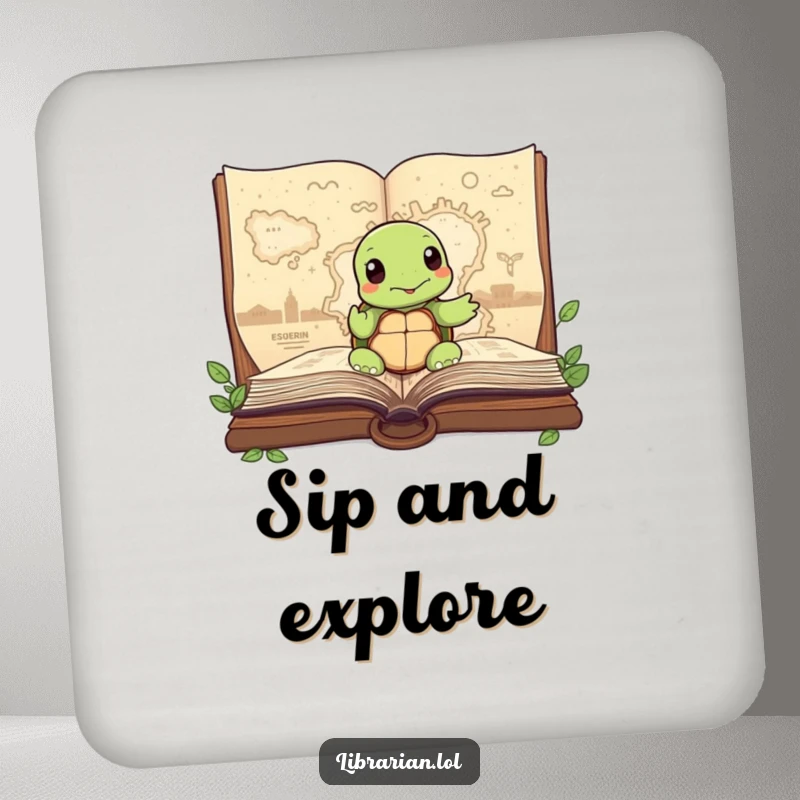 Funny Turtle Coaster, wisely pointing to a map in a storybook, offering protection with a touch of adventure and humor.