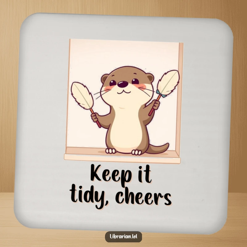 Funny Drink Coaster with a satisfied cartoon otter dusting a shelf with a feather duster, protecting surfaces with a clean and humorous touch.