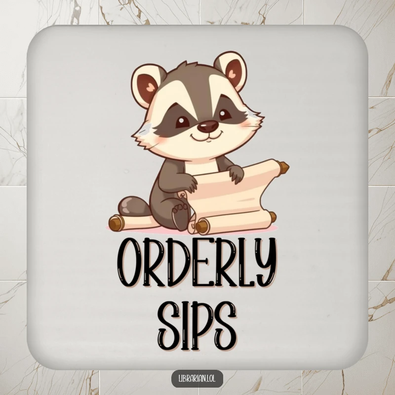 Funny determined badger organizing scrolls on a protective drink coaster.