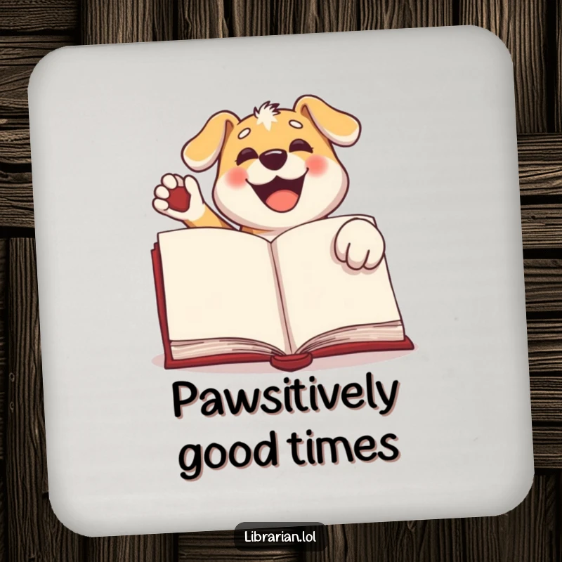 Funny dog coaster, a happy dog enthusiastically stamping a large book with its paw, perfect for protecting surfaces with charm.