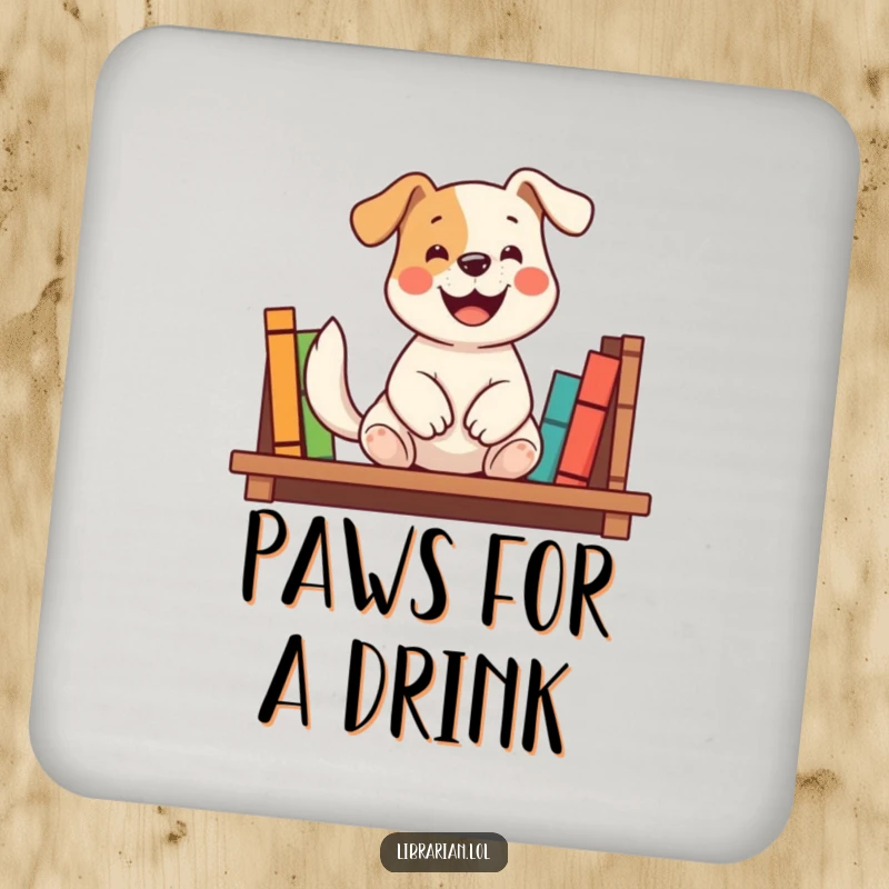 Funny coaster set featuring a happy dog shelving books with a wagging tail, providing humorous protection with literary charm, an excellent funny gift.