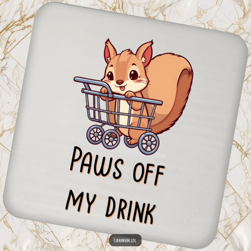 Funny drink coasters with a playful squirrel peeking from behind a book cart. Protects surfaces with a humorous bookish theme.
