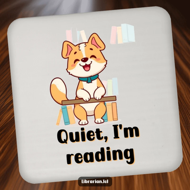 Funny Coasters: Happy dog librarian wagging tail, organizing books, adds a charming touch to drink decor.
